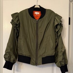 Mable Anthropologie Olive Green Ruffle Bomber Jacket
